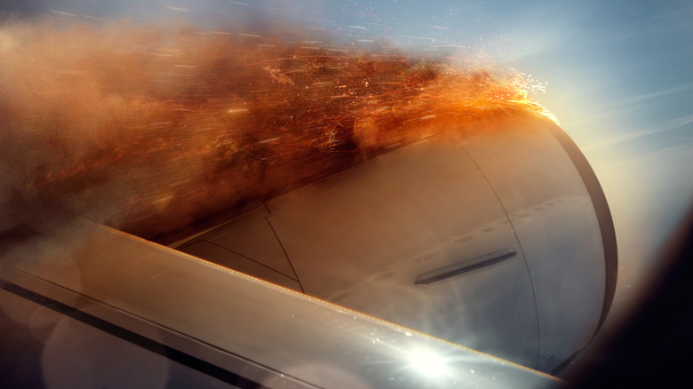 An airplane engine fire as seen from the plane's window.