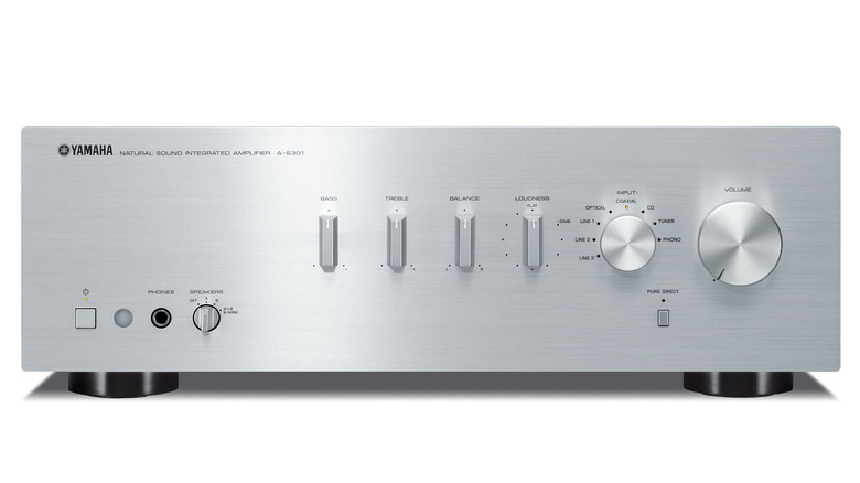 A silver Yamaha A-S301 amplifier on a white background.