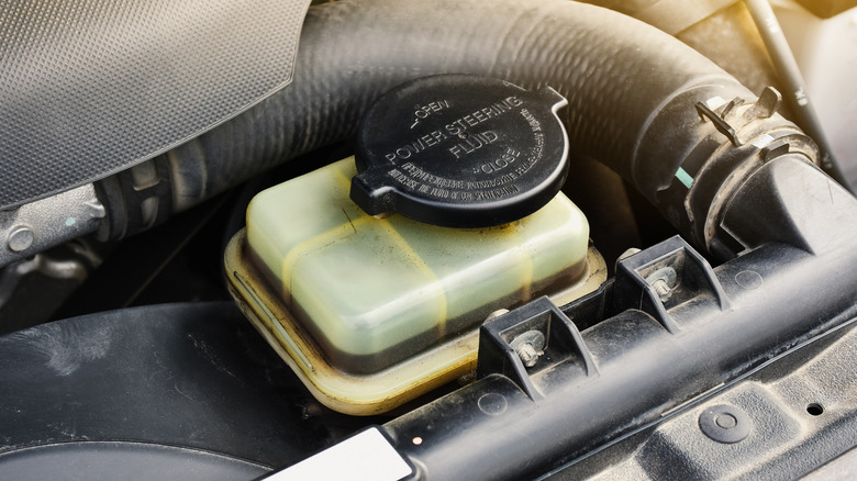 Closeup of power steering fluid reservoir