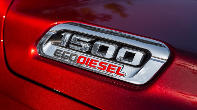 Close-up shot of the Ram 1500 ecodiesel logo