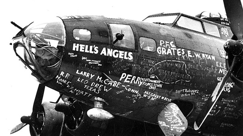 A World War II B-17 bomber with Hell's Angels and servicemens' names painted on it in white