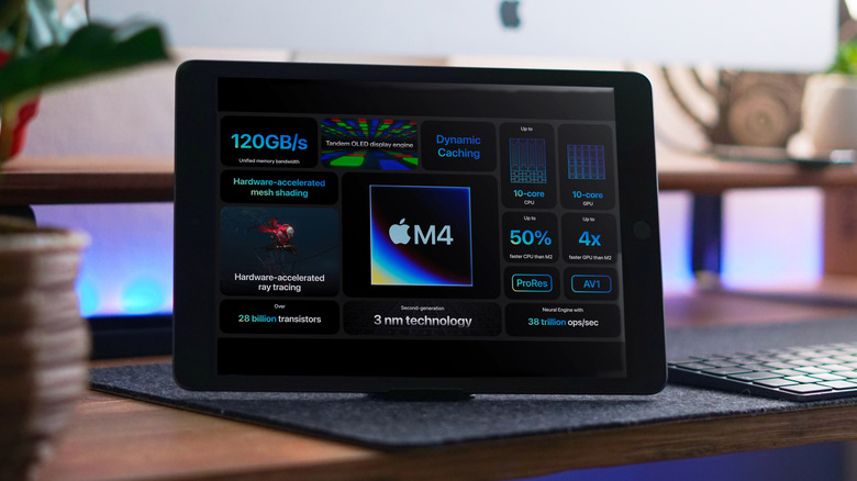 Apple M4 spec sheet displayed on iPad Pro.