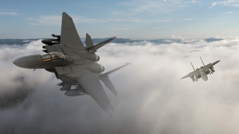 two F-15 Eagles maneuvering in the clouds