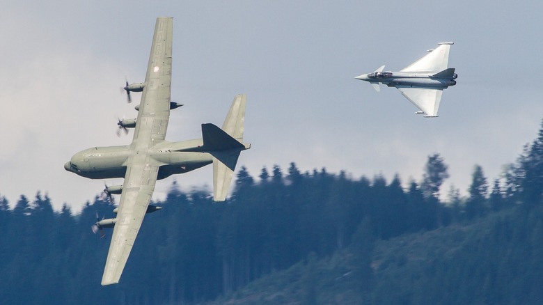 a Eurofighter Typhoon intercepting an C-130 Hercules