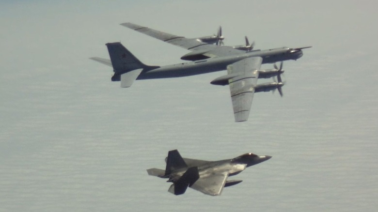 An F-22 intercepts a Russian bomber near Alaska