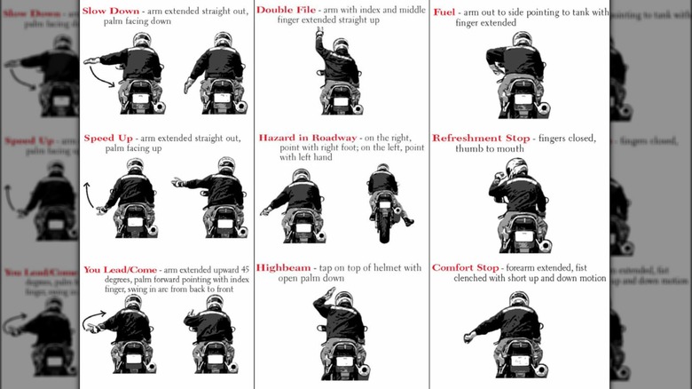 A chart from the MSF showing common motorcycle hand signals.