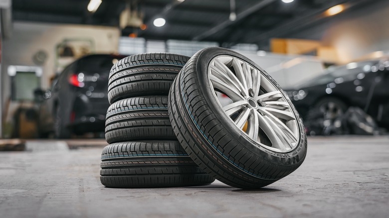 Stack of tires in a shop