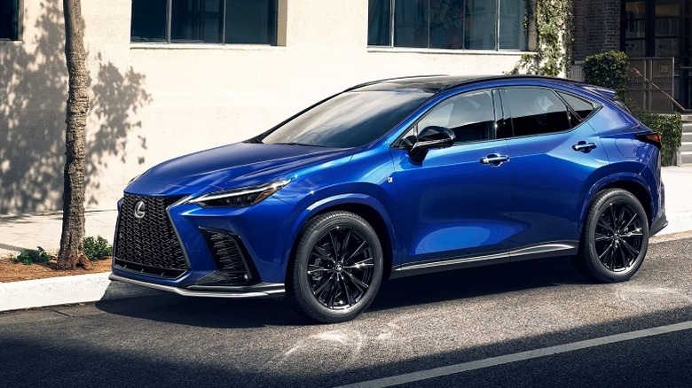 Blue Lexus NX Hybrid parked in front of a building beside a tree