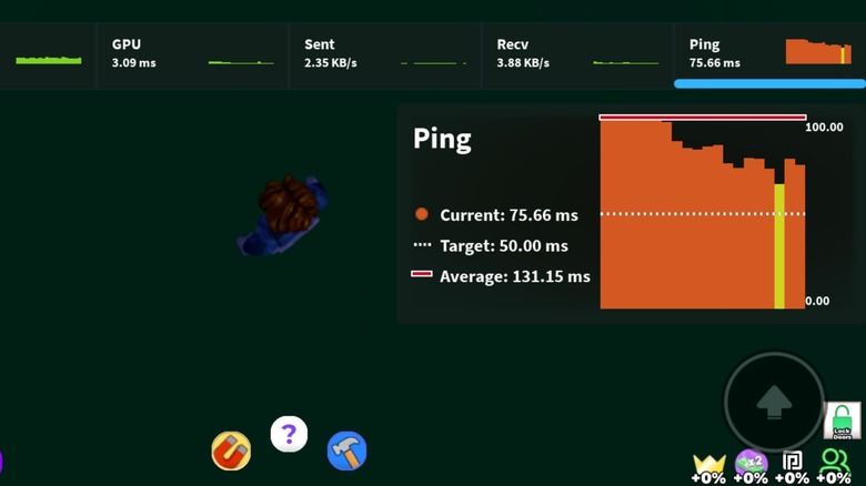 Performance stats showing high ping in Roblox game