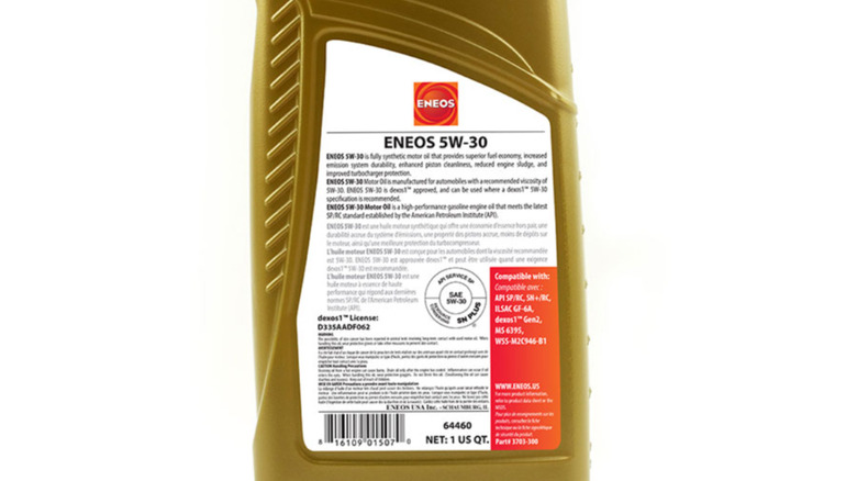 Back label of Eneos Gasoline Engine oil