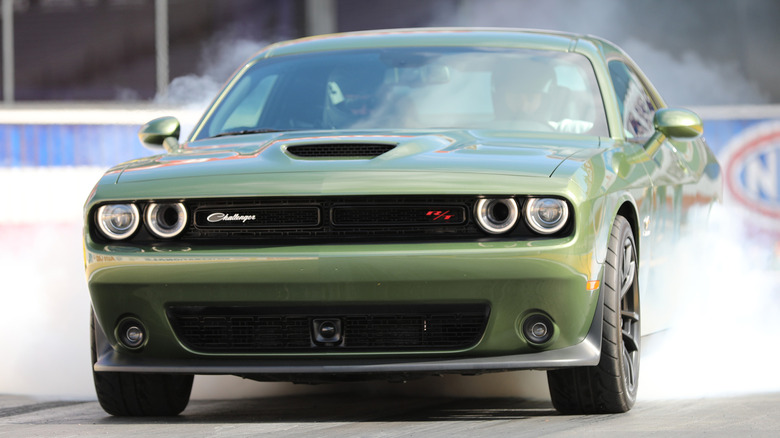 Front View of the Dodge Challenger R/T Scat Pack 1320 doing a burnout