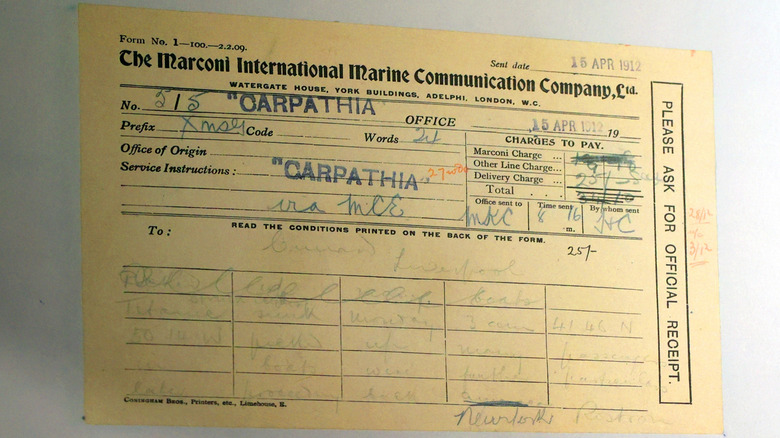 Telegram from the Carpathia on 15 April 1912