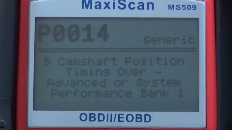 An image of an OBDII scan tool showing the P0014 DTC