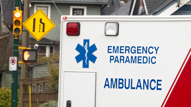 Rear cabin of an ambulance with the star and serpent symbol on the side