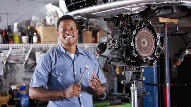 mechanic working on the transmission