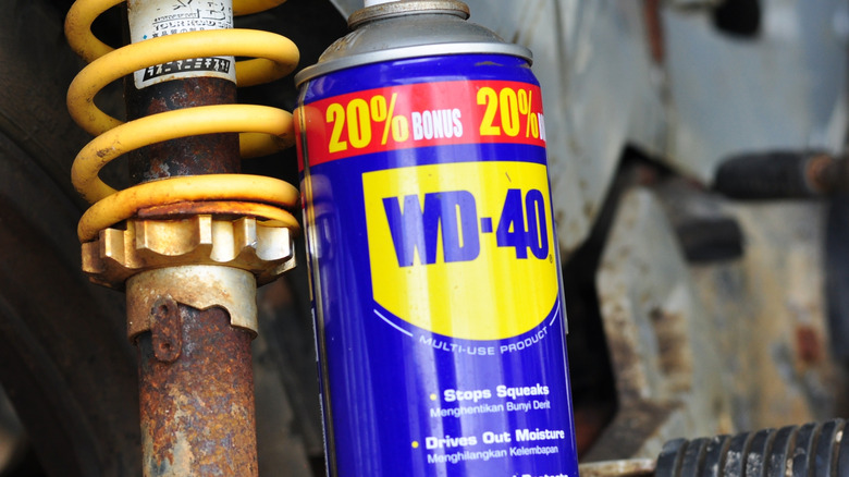 A can of WD-40 resting against a strut.