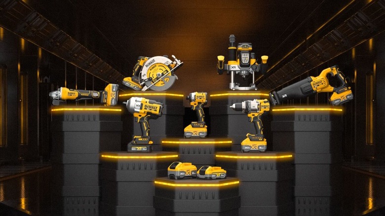 DeWalt tools being shown on pedestales