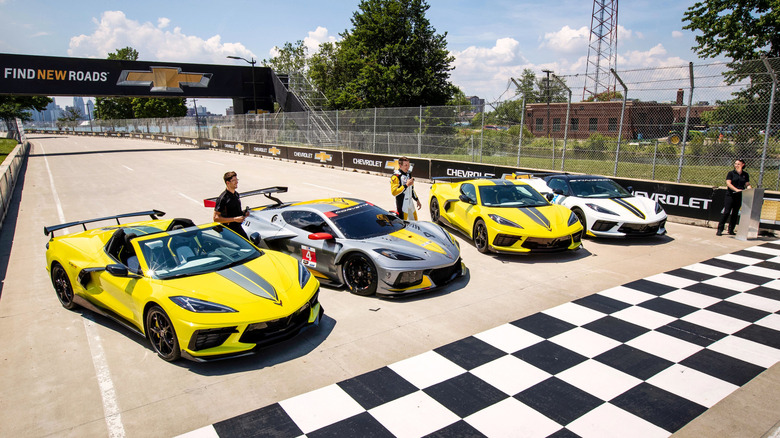 Chevrolet Corvette Stingray IMSA Edition, lineup of 4 cars before a checkerboard finish line