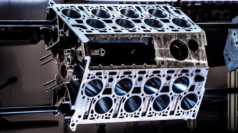 Bare Bugatti W16 engine block showing cylinder arrangement