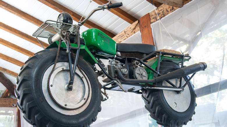 A vintage Rokon motorcycle on display