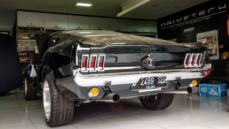 rear view of black 1967 Ford Mustang fastback