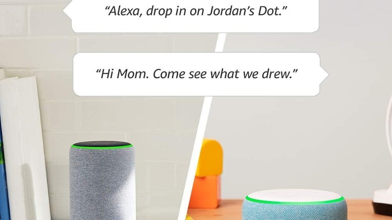 Two Amazon Echo speakers with chat bubbles using Drop In