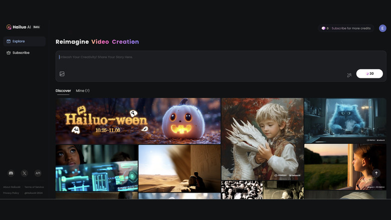 Screenshot of Hailuo's website showing image generation prompt and a selectioon of pre-made videos in its Discover section