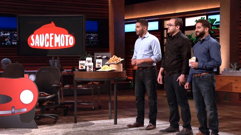 Saucemoto creators Tony Lahood, Michael Koury, and William Moujaes pitching on Shark Tank