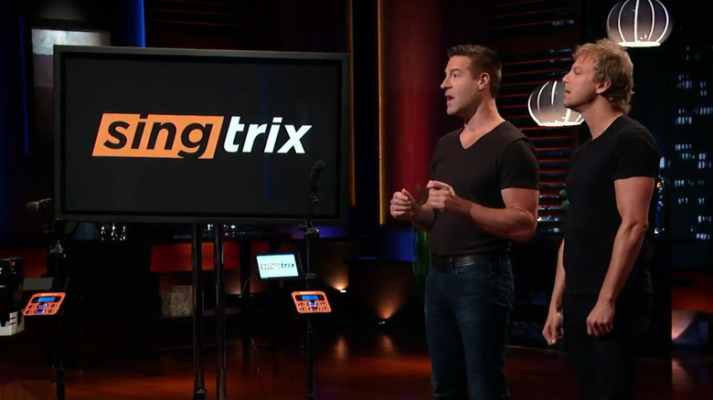 Devecka and Berkowitz pitching for Singtrix on "Shark Tank" episode