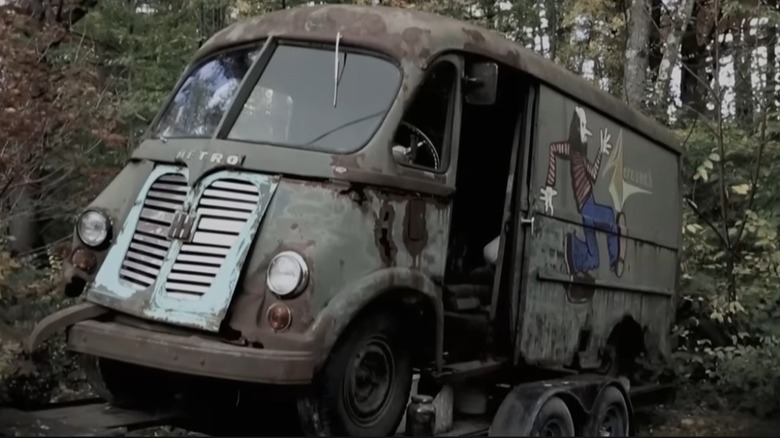 Aerosmith International Harvester Metro touring van on a trailer