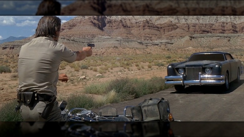 James Brolin facing off against the car from the 1977 film "The Car."