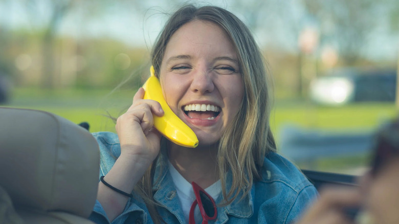 Girl uses banana phone