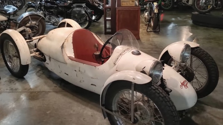 White belly tank cycle car from American Pickers now at Wheels Through Time Museum in Maggie Valley, North Carolina.