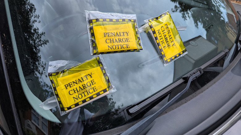 windshield covered in parking tickets