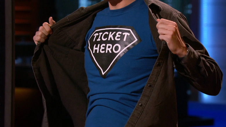 David Hegarty flashes his "TICKET HERO" t-shirt on "Shark Tank"