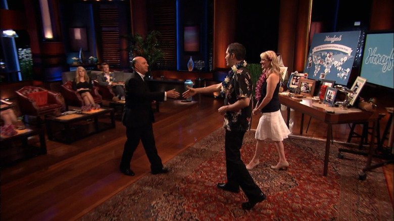 Kevin O'Leary shakes hands with Josh Margulis on the set of "Shark Tank"