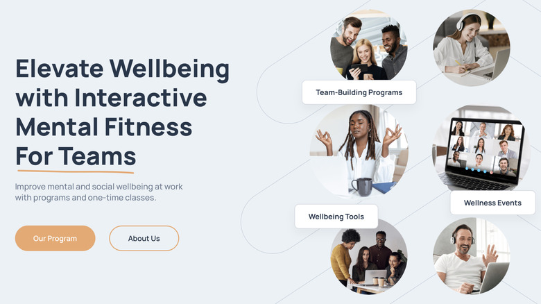 A website template showing Liberate's different B2B and individual mindfulness services in cutout circles