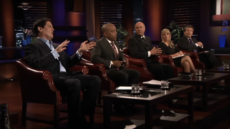 Mark Cuban, Daymond John, Kevin O'Leary, Lori Greiner, and Robert Herjavec reacting to the SBU presentation