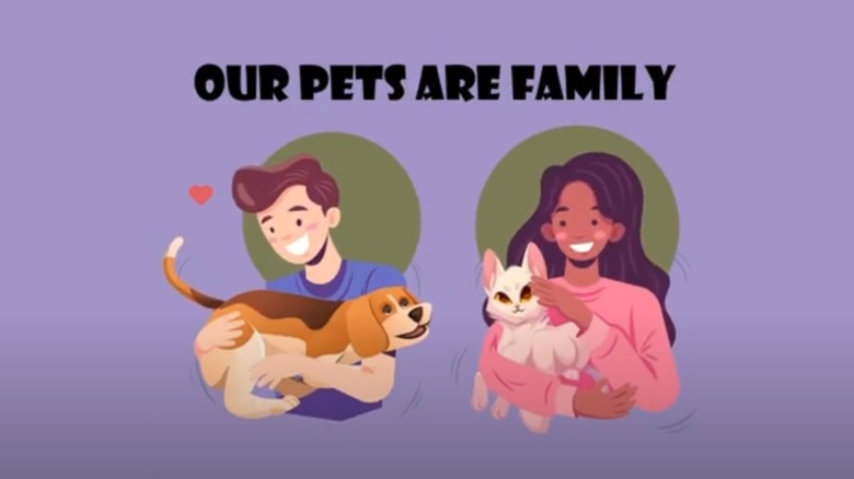 Graphic from Woof explainer video showing man and woman with dog and cat.