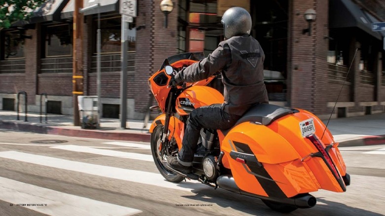 A 2017 Victory Magnum bagger ridden on the street.