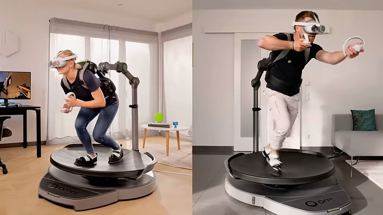 Man and woman playing two different games on the Virtuix Omni