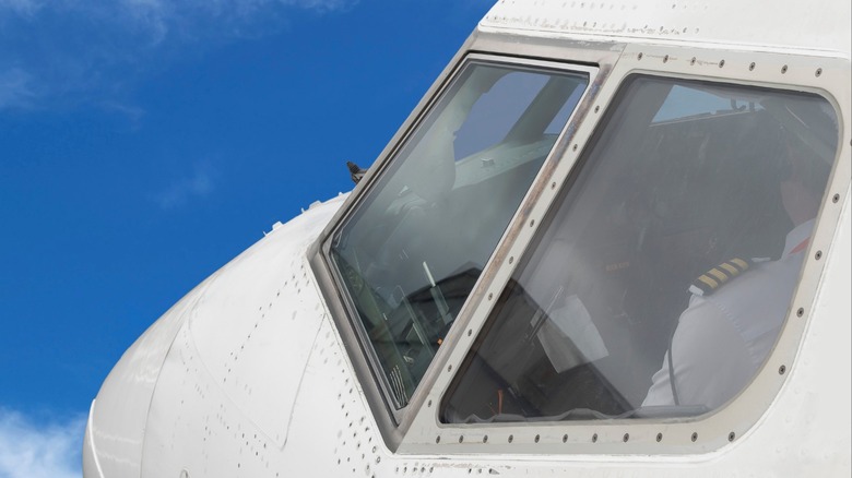 View of an airplane cockpit from the outside