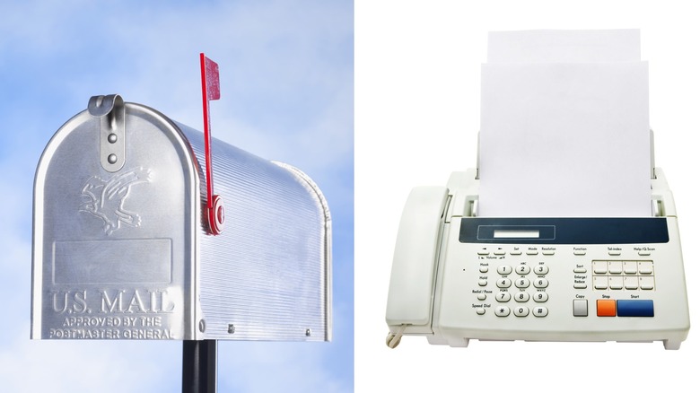 Split Image: A Mailbox With Flag Raised And A Fax Machine