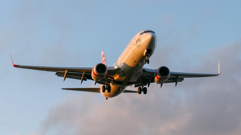 The silhouette of a Boeing 737 lands at sunset