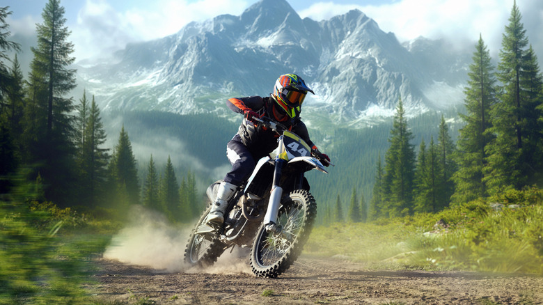 Motorcyclist rides through scenic forest trail with towering pine trees and majestic snow-capped mountains in background