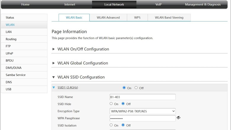 WLAN SSID settings page