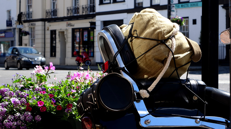 Motorcycle accessories tied to sissy bar