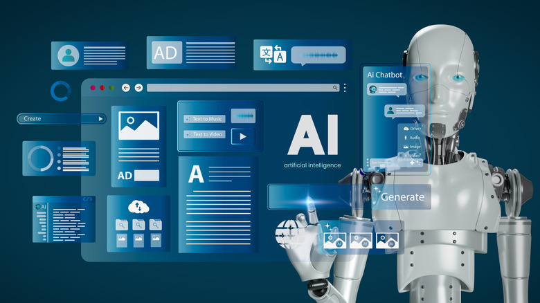 Picture of a Humanoid Robot behind a screen showing AI tools for translation, writing, image creation etc