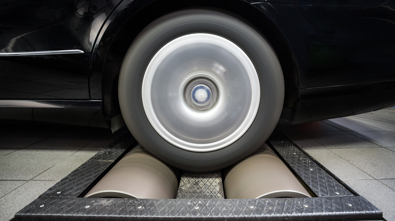 Car wheel on dynamometer