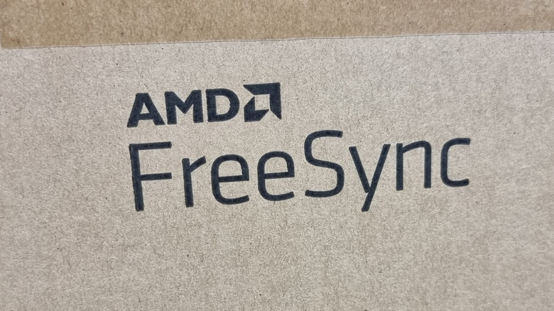 AMD FreeSync logo closeup view on a brown box